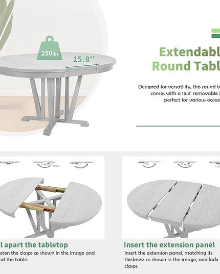 Rustic Round Trestle, Extending w/4 Cross Back Chairs, Easy Assembly, Room, Kitchen, Small Place, 5 Piece Dining Table Set, Gray 11 - LeafyLoom