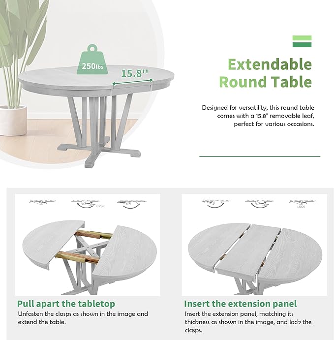 Rustic Round Trestle, Extending w/4 Cross Back Chairs, Easy Assembly, Room, Kitchen, Small Place, 5 Piece Dining Table Set, Gray 11 - LeafyLoom