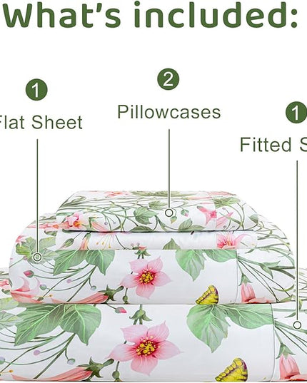 QSH 100% Egyptian Cotton Sheets Set King Size Butterfly Floral Bedding Sheets Spring Leaves Print Bed Sheets Deep Pockets Sheet 4PCs - LeafyLoom