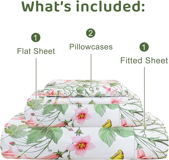 QSH Butterfly Bed Sheets Set Queen Size 100% Egyptian Cotton Sheet Wild Flower Leaves Printed Pattern Bedding Sheets Spring Floral Bedsheets Deep Pockets 4PCs - LeafyLoom