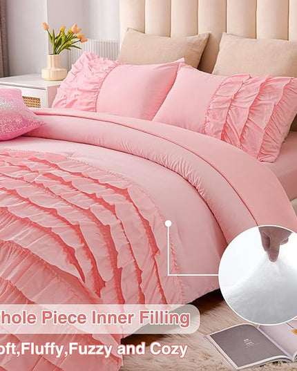 A Nice Night Waterfall Flutter Ruffle Comforter Set,Ruffled Textured Soft Chic Princess 6pcs Bedding Set,with Bling Shiny Sequin Throw Pillow Case,Pink,Full - LeafyLoom