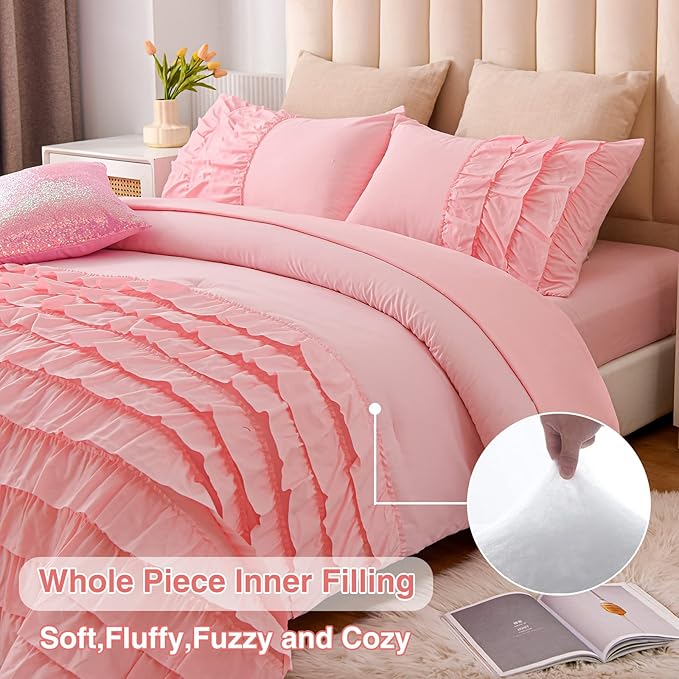 A Nice Night Waterfall Flutter Ruffle Comforter Set,Ruffled Textured Soft Chic Princess 6pcs Bedding Set,with Bling Shiny Sequin Throw Pillow Case,Pink,Queen - LeafyLoom