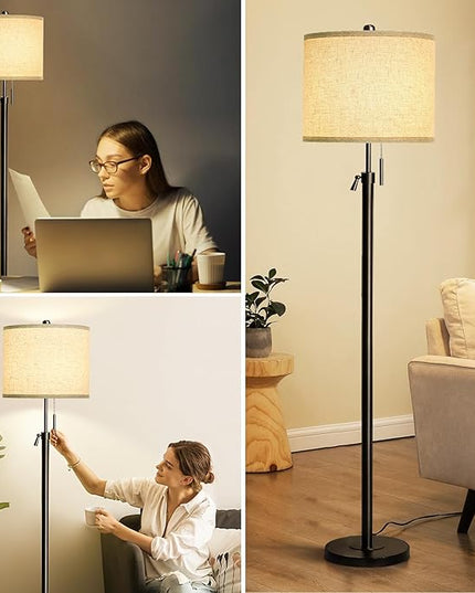 Adjustable Height Floor Lamp for Living Room, Black Standing Lamp, Floor Lamp for Bedroom Office, Modern Tall Floor Lamp with Linen Shade, 3-Way Dimmable 8W 3000K LED Blub Included (Black) - LeafyLoom
