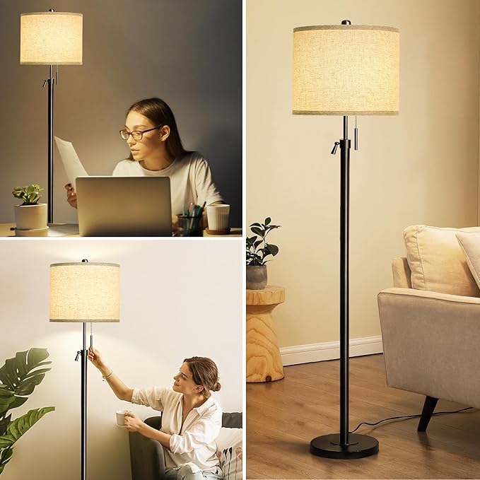 Adjustable Height Floor Lamp for Living Room, Black Standing Lamp, Floor Lamp for Bedroom Office, Modern Tall Floor Lamp with Linen Shade, 3-Way Dimmable 8W 3000K LED Blub Included (Black) - LeafyLoom