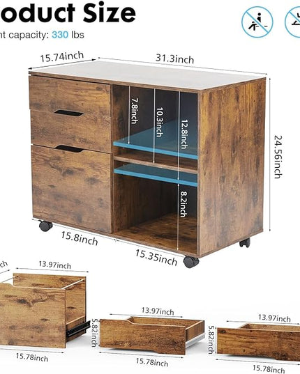 Sweetcrispy 3-Drawer File Cabinet, Lateral Mobile Filing Cabinet Wood Under Desk Storage Organizer with Wheels, Printer Stand & Open Shelves for Home Office Organization - Rustic Brown - LeafyLoom
