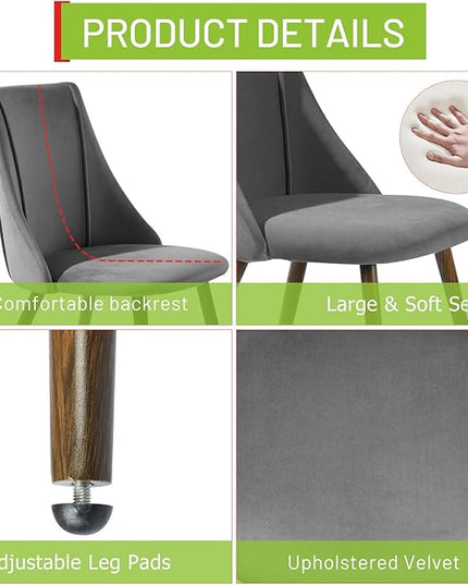 FurnitureR Dining Chairs Set of 2, Mid Century Side Chairs Large & Super Soft Velvet Seat Back Metal Legs for Kitchen, Dining Room, Bedroom, Living Room, Grey - LeafyLoom