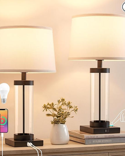Nightstand Table Lamps for Bedrooms Set of 2 - 3 Way Dimmable Touch Bedside Lamps with USB C+A & Outlets, Black Living Room Lamps with Glass Body for End Tables, Modern Night Stand Lamps for Bedside - LeafyLoom