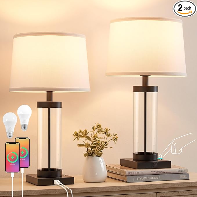 Nightstand Table Lamps for Bedrooms Set of 2 - 3 Way Dimmable Touch Bedside Lamps with USB C+A & Outlets, Black Living Room Lamps with Glass Body for End Tables, Modern Night Stand Lamps for Bedside - LeafyLoom