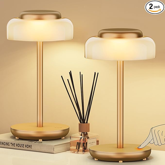 QiMH Battery Operated LED Table Lamp, 2 Pack 5000mAh Cordless Desk Lamp with 3 Level Brightness Touch Control, Mini Rechargeable Night Light for Living Room, Bedroom, Outdoor bar (Gold) - LeafyLoom