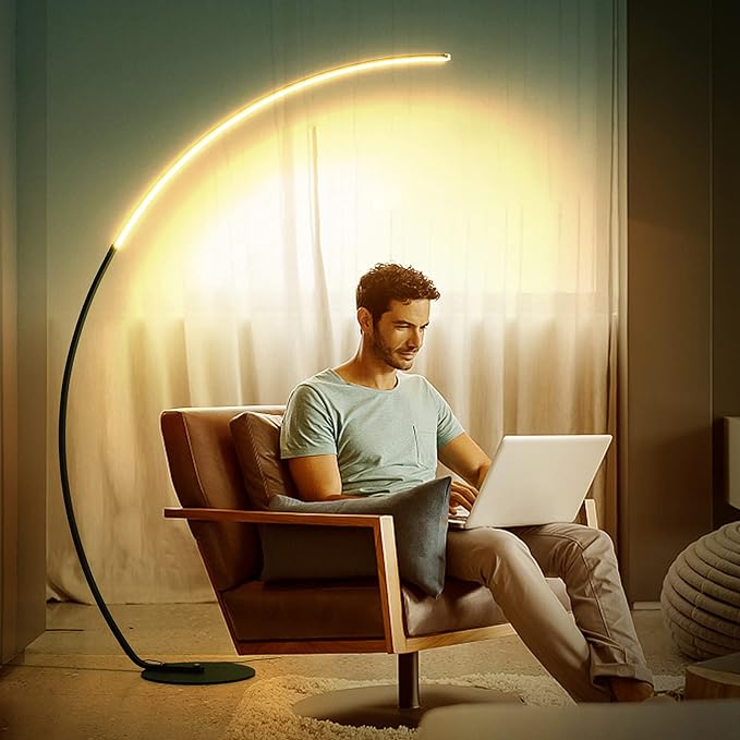 NUÜR Arc Floor Lamp, 67" Tall Black Gold LED Modern Standing Floor Lamp with Remote Control, Arched Bright Floor Lamps for Living Room Bedroom Office Home (Black) - LeafyLoom