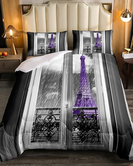 Erosebridal Purple Eiffel Tower Comforter Set Full,vintage France Paris Bedding Set for Girls Teens Women Retro City Building Down Comforter Romantic Rainy Day Quilt Set 2 Pillow Cases Bedroom Decor - LeafyLoom