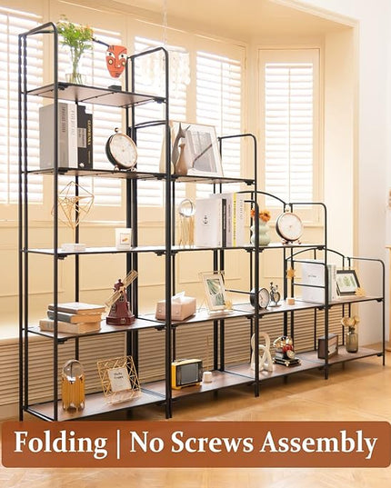 No Assembly Folding Bookshelf, 3 Tier Black Bookshelf, Metal Book Shelf for Storage, Folding Bookcase for Office Organization and Storage, 12.6" D x 22.44" W x 42.13" H - LeafyLoom