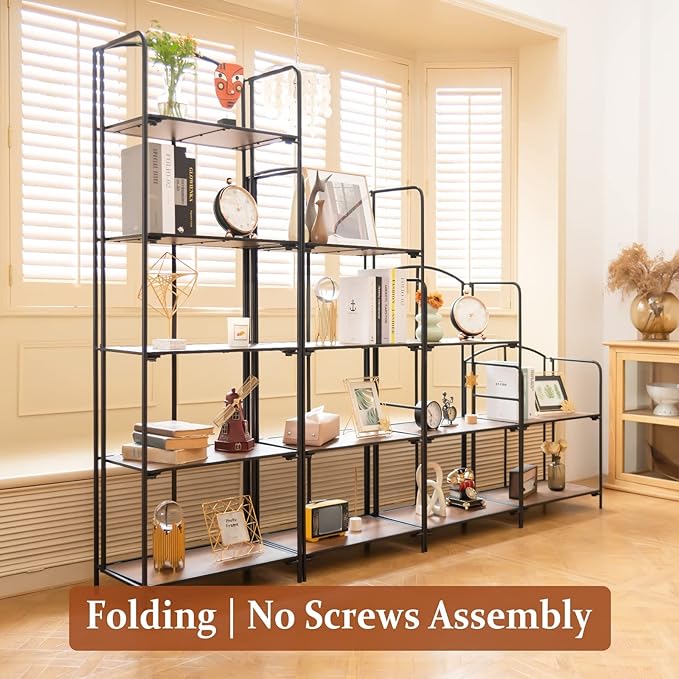 No Assembly Folding Bookshelf, 3 Tier Black Bookshelf, Metal Book Shelf for Storage, Folding Bookcase for Office Organization and Storage, 12.6" D x 22.44" W x 42.13" H - LeafyLoom