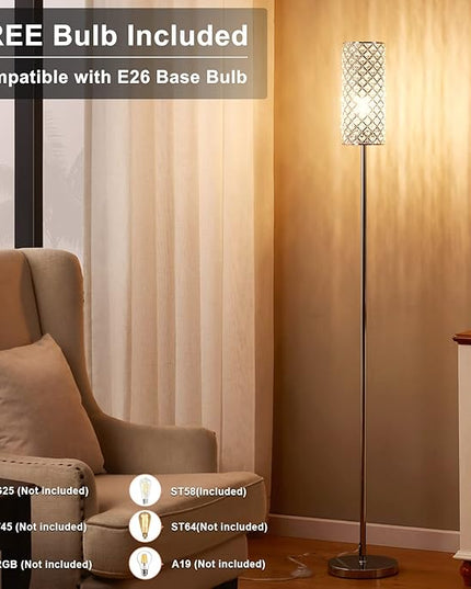 Crystal Floor Lamp with Bulb for Girls Bedroom Silver, Living Room, Modern Tall Glam Minimalism Pole Corner Standing Light for office, Dorm Hotel - LeafyLoom