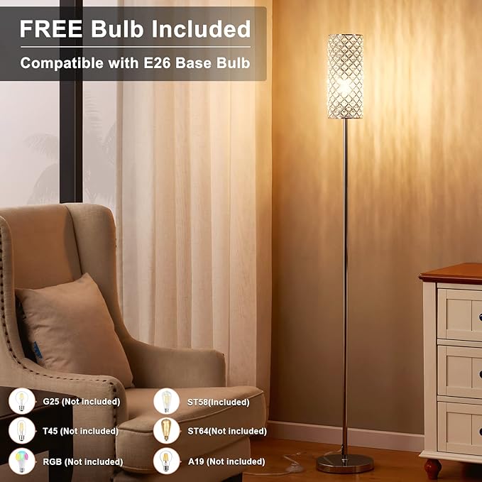 Crystal Floor Lamp with Bulb for Girls Bedroom Silver, Living Room, Modern Tall Glam Minimalism Pole Corner Standing Light for office, Dorm Hotel - LeafyLoom