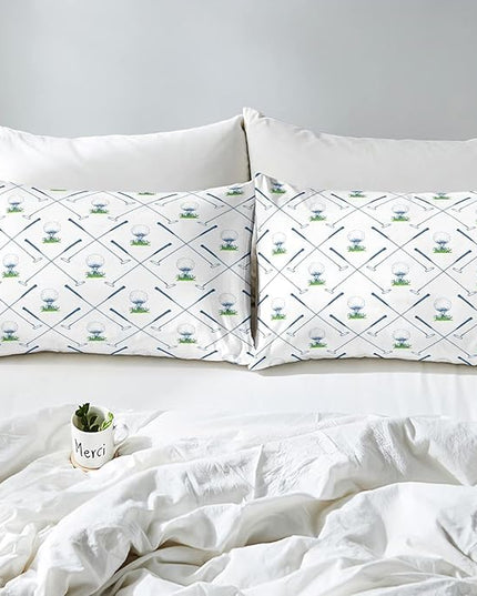 Erosebridal Golf Comforter Set Queen Size Golf Club Bedding Set Sport Game Athlete Grass Leaf Branches Down Comforter for Men, Room Decorative 3 Pieces Comforter with 2 Pillow Cases, White - LeafyLoom