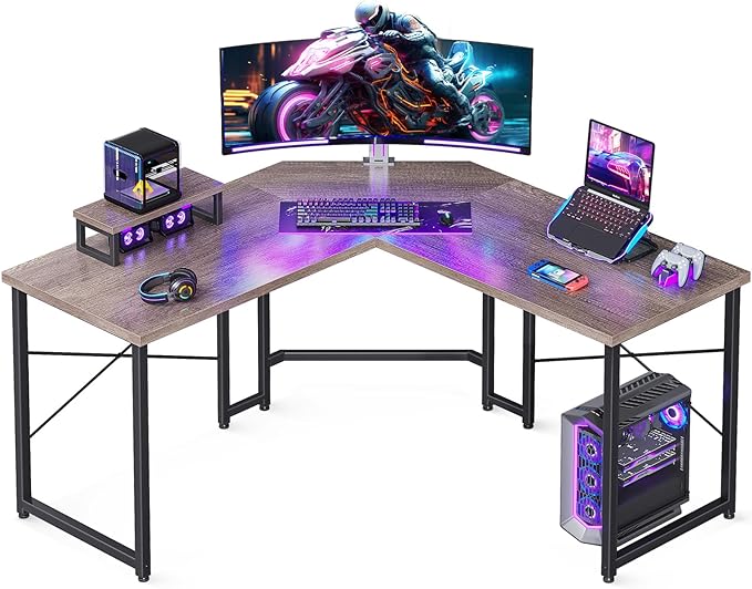 Casaottima L Shaped Gaming Desk with Monitor Stand, Corner Desk Gaming Table for Home Office, Computer Desk Sturdy Writing Workstation for Small Space, 51 inch, Grey Oak - LeafyLoom