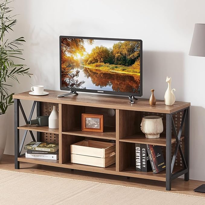 LVB Rustic Entertainment Center for 65 Inch TV, Industrial Wood and Metal TV Stand with Storage Shelf, Modern Television Media Console Table with Cabinet for Living Room Bedroom, Rustic Oak, 55 Inch - LeafyLoom