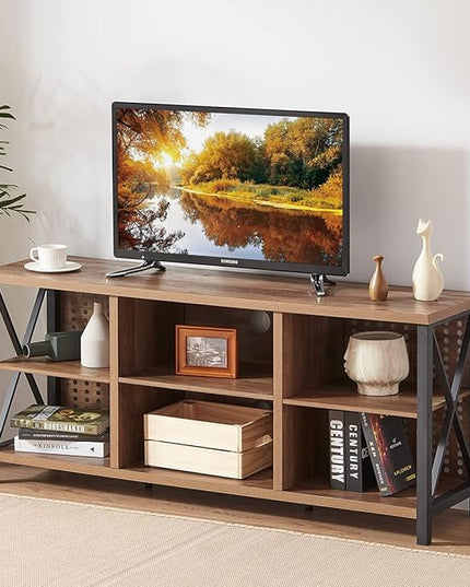 LVB Rustic Entertainment Center for 65 Inch TV, Industrial Wood and Metal TV Stand with Storage Shelf, Modern Television Media Console Table with Cabinet for Living Room Bedroom, Rustic Oak, 55 Inch - LeafyLoom