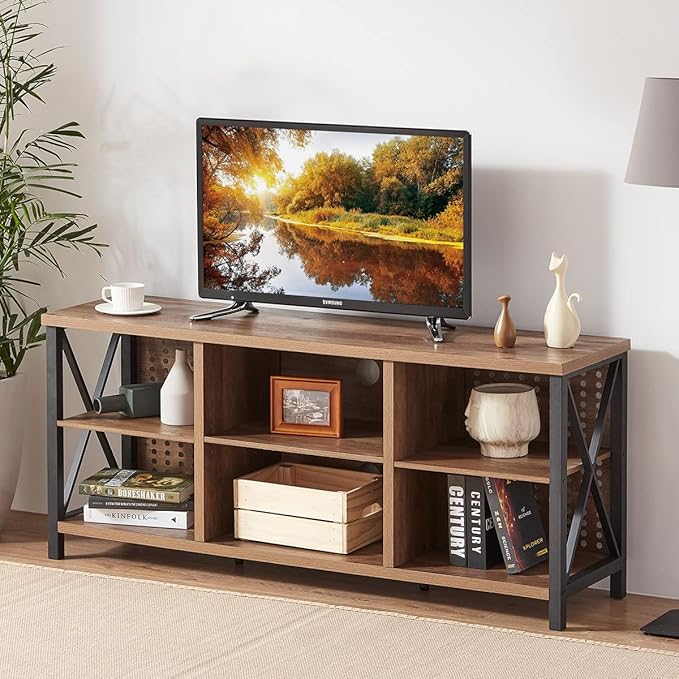 LVB Rustic Entertainment Center for 65 Inch TV, Industrial Wood and Metal TV Stand with Storage Shelf, Modern Television Media Console Table with Cabinet for Living Room Bedroom, Rustic Oak, 55 Inch - LeafyLoom