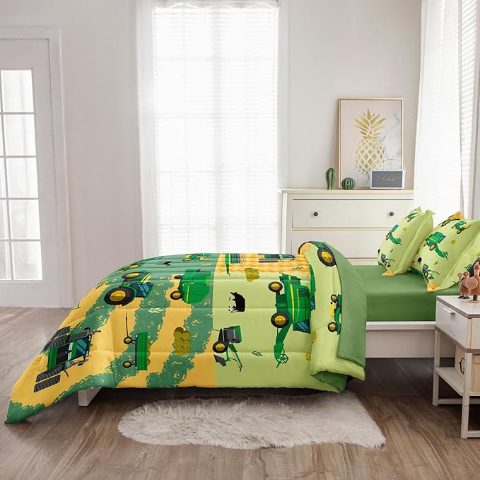 Twin Construction Bedding Set for Boys Kids Farm Tractor Bedding 4 Pieces Cars Twin Comforter Set for Boys, Twin Truck Bed in a Bag Set Boys - LeafyLoom