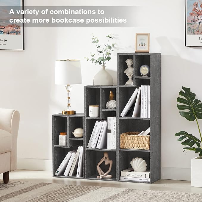 VECELO 4-Tier Bookcase, Modern Storage Cabinet with Height Difference Shelves for Standard Textbooks, 5 Cubes, Vertical or Horizontal, Easy Assembly, Grey - LeafyLoom