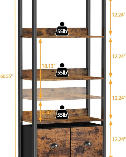 Furologee 5-Tier Bookshelf, Tall Bookcase with 2 Storage Drawers, Industrial Display Standing Shelf Units, Wood and Metal Storage Shelf for Living Room, Bedroom, Home Office, Rustic Brown - LeafyLoom