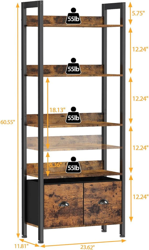 Furologee 5-Tier Bookshelf, Tall Bookcase with 2 Storage Drawers, Industrial Display Standing Shelf Units, Wood and Metal Storage Shelf for Living Room, Bedroom, Home Office, Rustic Brown - LeafyLoom