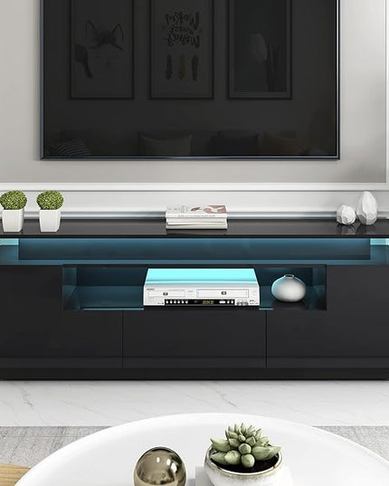 Modern Functional Stand with Color Changing LED Lights and Storage Space, High Gloss Television Cabinet for TVs Up to 75+'' for Living Room Furniture, 75 inch, Black - LeafyLoom