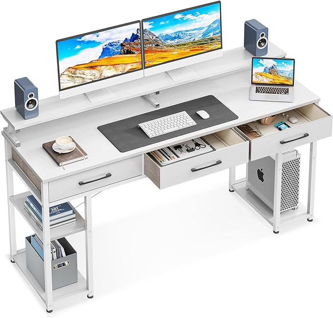 ODK Computer Desk with Drawers and Storage Shelves, 63 inch Home Office Desk with Monitor Stand, Modern Work Study Writing Table Desk for Small Spaces, White + White leg - LeafyLoom