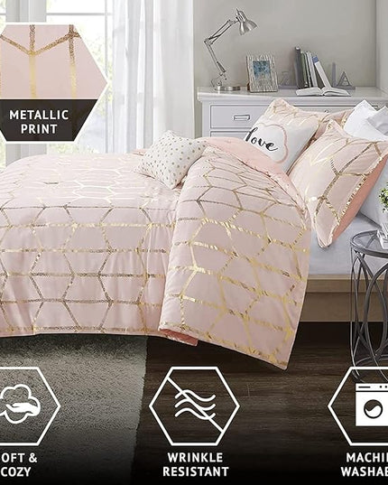 Intelligent Design Raina Comforter Microfiber Metallic Print Geometric Design Embroidered Toss Pillow Modern Trendy Casual All Season Bedding Set Matching Sham, Full/Queen, Blush/Gold 5 Piece - LeafyLoom