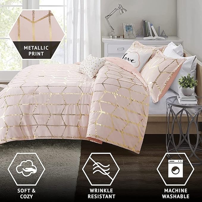 Intelligent Design Raina Comforter Microfiber Metallic Print Geometric Design Embroidered Toss Pillow Modern Trendy Casual All Season Bedding Set Matching Sham, Full/Queen, Blush/Gold 5 Piece - LeafyLoom