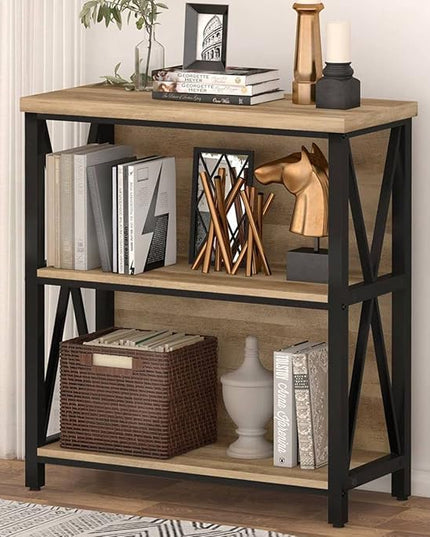 FATORRI Small Bookcase, Wood and Metal Low Short Bookshelf, Industrial Book Case and Rustic Book Shelf for Small Space (Rustic Oak) - LeafyLoom