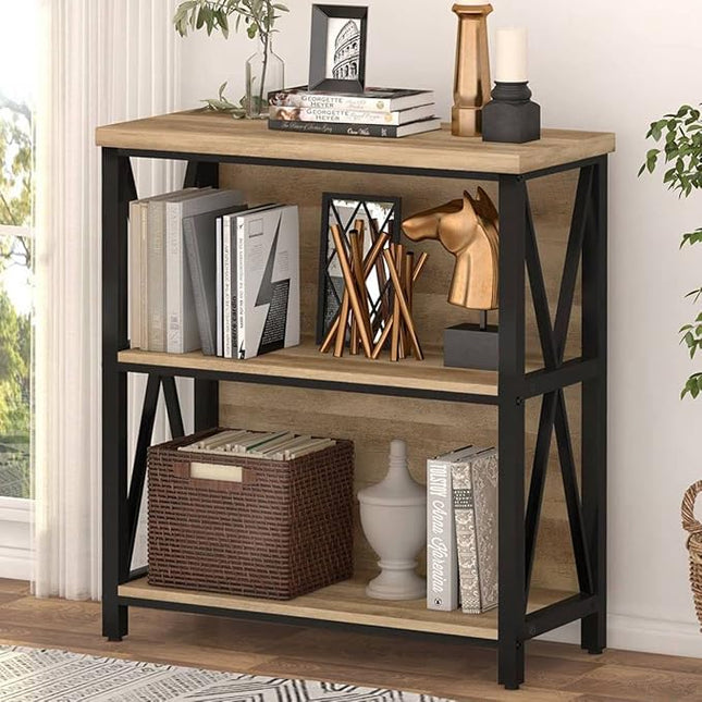 FATORRI Small Bookcase, Wood and Metal Low Short Bookshelf, Industrial Book Case and Rustic Book Shelf for Small Space (Rustic Oak) - LeafyLoom
