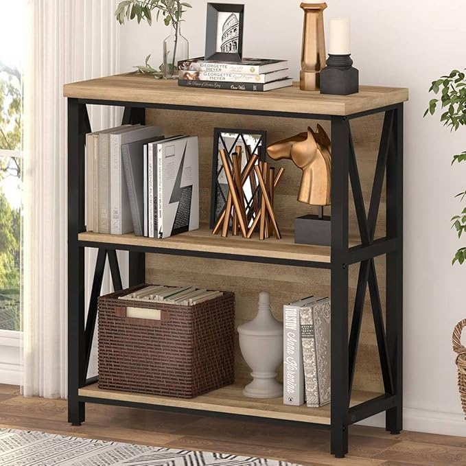 FATORRI Small Bookcase, Wood and Metal Low Short Bookshelf, Industrial Book Case and Rustic Book Shelf for Small Space (Rustic Oak) - LeafyLoom