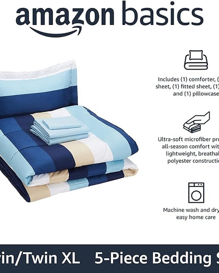 Amazon Basics Lightweight Microfiber Bed-in-a-Bag Comforter 5-Piece Bedding Set, Twin/Twin XL, Blue Stripe, Striped - LeafyLoom