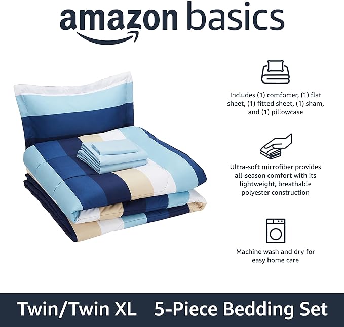 Amazon Basics Lightweight Microfiber Bed-in-a-Bag Comforter 5-Piece Bedding Set, Twin/Twin XL, Blue Stripe, Striped - LeafyLoom
