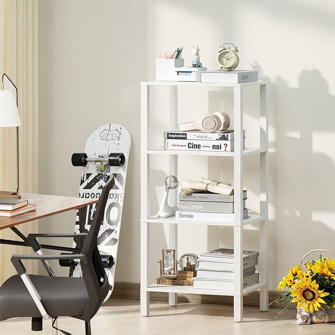 4 Tier Tall Wooden Bookshelf with Storage, Narrow Bookcase for Small Space, Small Book Shelf for Living Room, Office, Bedroom, Kitchen, Industrial, White - LeafyLoom