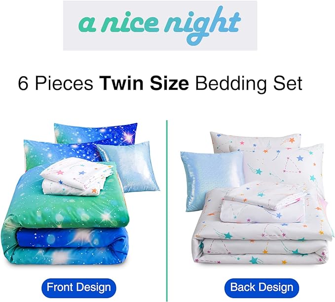 A Nice Night 6Pcs Gradient Glitter Bedding Set for Girls, Colorful Rainbow Galaxy Comforter Set, Ultra Soft Bedding Sets (Blue-Green,Twin 6Pcs) - LeafyLoom