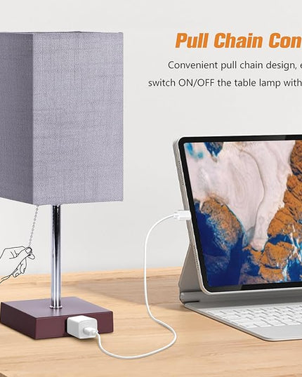 Bedside Table Lamp for Bedroom Nightstand, 3 Color Pull Chain Nightstand Lamps Set of 2 with AC Outlets, Square Gray Lampshade Bedside Lamp for Living Room, Office Desk, LED Bulb Included - LeafyLoom
