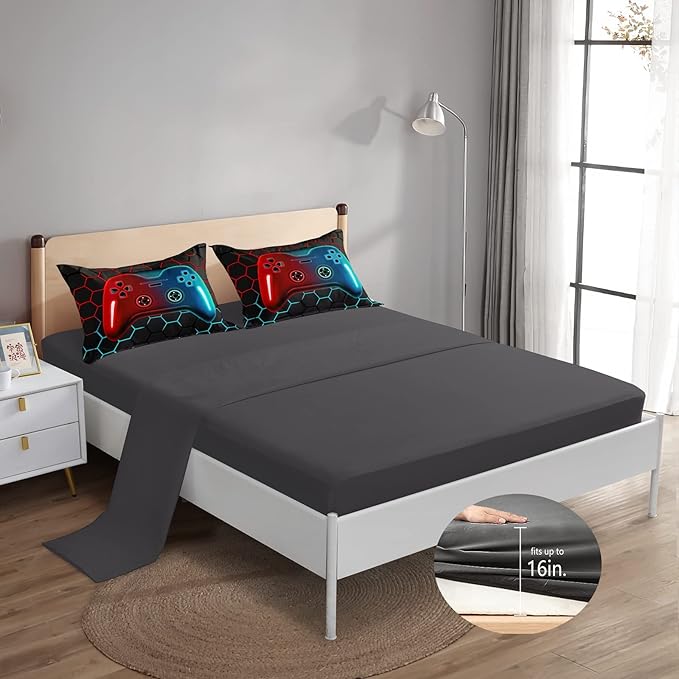 6 Pieces Bed in A Bag Gamer Bedding Set for Boys Kids Adult Gaming Comforters Set,Boys Bed in A Bag Set Queen Size Comforter with Fitted Sheet Flat Sheet Pillowcase pillowsham,DJTH5028Queen - LeafyLoom
