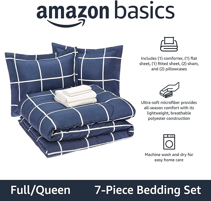 Amazon Basics Lightweight Microfiber Bed-in-a-Bag Comforter 7-Piece Bedding Set, Full/Queen, Navy with Grey Plaid - LeafyLoom