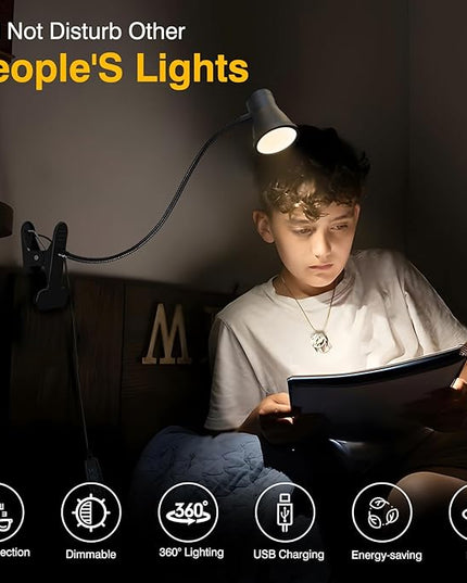 Clip on Light Reading for Bed LED Desk Lights 3 Color Modes 10 Brightness USB Lamp Eye Care 360° Flexible Gooseneck Dimmable for Headboard Computer Read Books Task Lamps with Adapter Bookmark(Black) - LeafyLoom