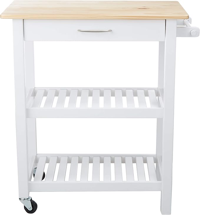 Amazon Basics 2 shelves Kitchen Island Cart with Storage, Solid Wood Top and Wheels, 35.4 x 18 x 36.5 inches, Natural / White - LeafyLoom