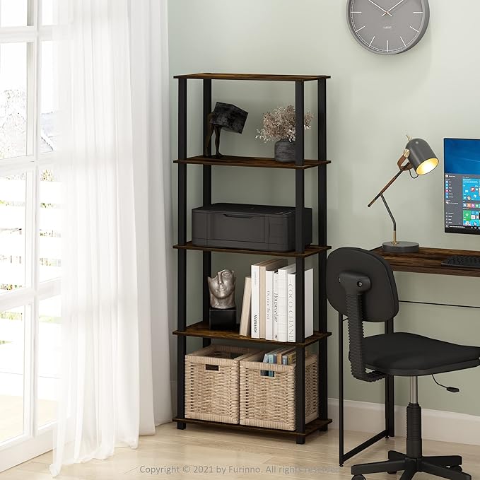 Furinno Turn-S-Tube 5-Tier Multipurpose Shelf Display Rack with Square Tubes, Amber Pine/Black - LeafyLoom
