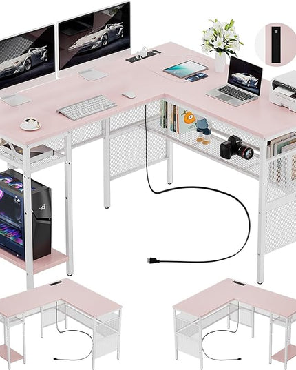 Reversible L Shaped Gaming Desk, Large Corner Computer Desks with Power Outlets and USB Ports, Sturdy Home Office Table with Storage Shelf, Attractive Grid Design Writing Desk, Pink - LeafyLoom