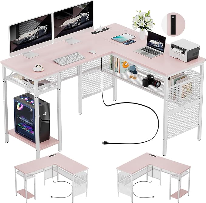 Reversible L Shaped Gaming Desk, Large Corner Computer Desks with Power Outlets and USB Ports, Sturdy Home Office Table with Storage Shelf, Attractive Grid Design Writing Desk, Pink - LeafyLoom