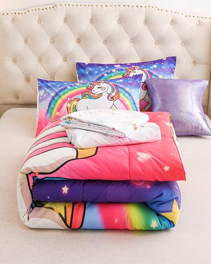Aimuan Girls Unicorn Comforter Set 6 Pieces Pink Purple Bedding Set with Rainbow Star Galaxy Stars Fantasy Children Room Decor Soft Reversible Bed Sets for Boys/Girls/Teens (Pink-purple Full6Pcs) - LeafyLoom