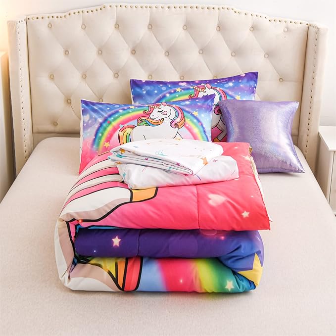 Aimuan Girls Unicorn Comforter Set 6 Pieces Pink Purple Bedding Set with Rainbow Star Galaxy Stars Fantasy Children Room Decor Soft Reversible Bed Sets for Boys/Girls/Teens (Pink-purple Full6Pcs) - LeafyLoom