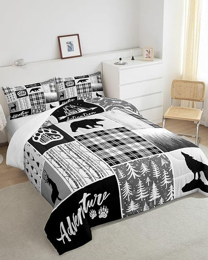 Deer Bear Comforter Set Queen Size,Pine Trees Christmas Bedding Set for Kids Boys Girls Adults Room Decor,Camping Adventure Rustic Farmhouse Down Comforter,Black Retro Duvet Insert,2 Pillowcases - LeafyLoom